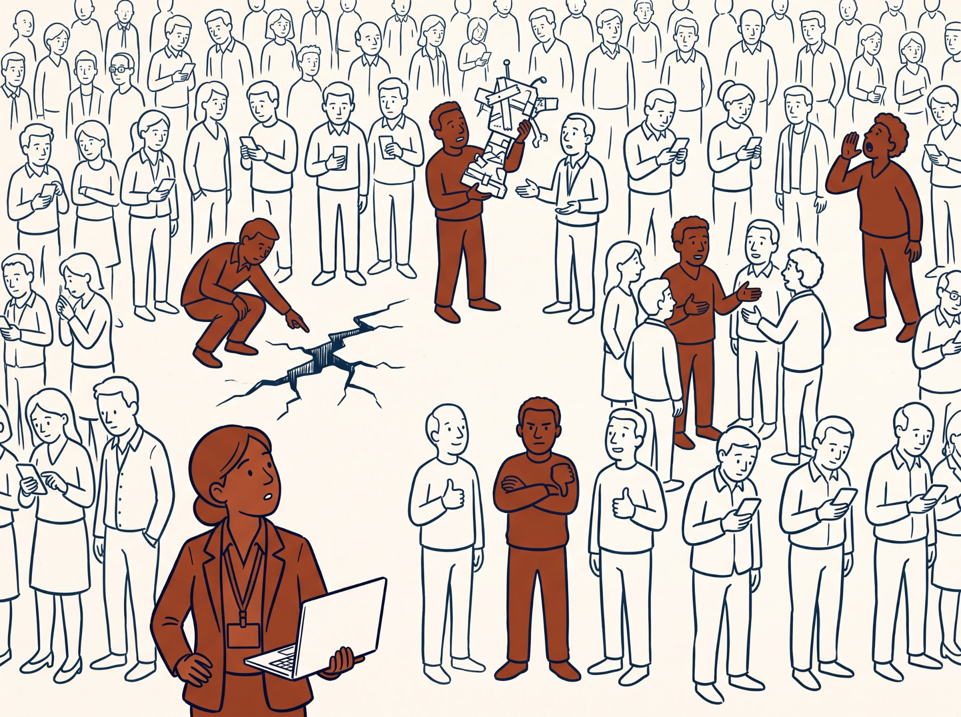 Illustration: a crowd of people looking at their phones, while a few stand out in reddish-brown — the Crucial Few