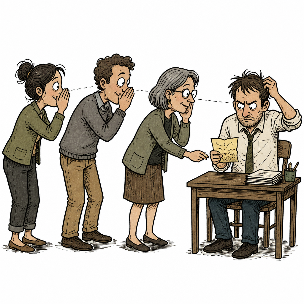 Cartoon of people whispering down a line and passing a crumpled note to a frustrated man at a desk