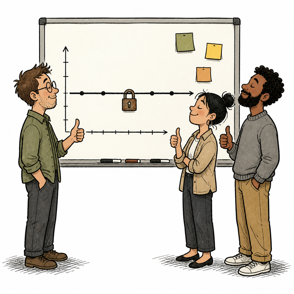 Cartoon of three coworkers giving a thumbs up to a flat, padlocked roadmap chart on a whiteboard